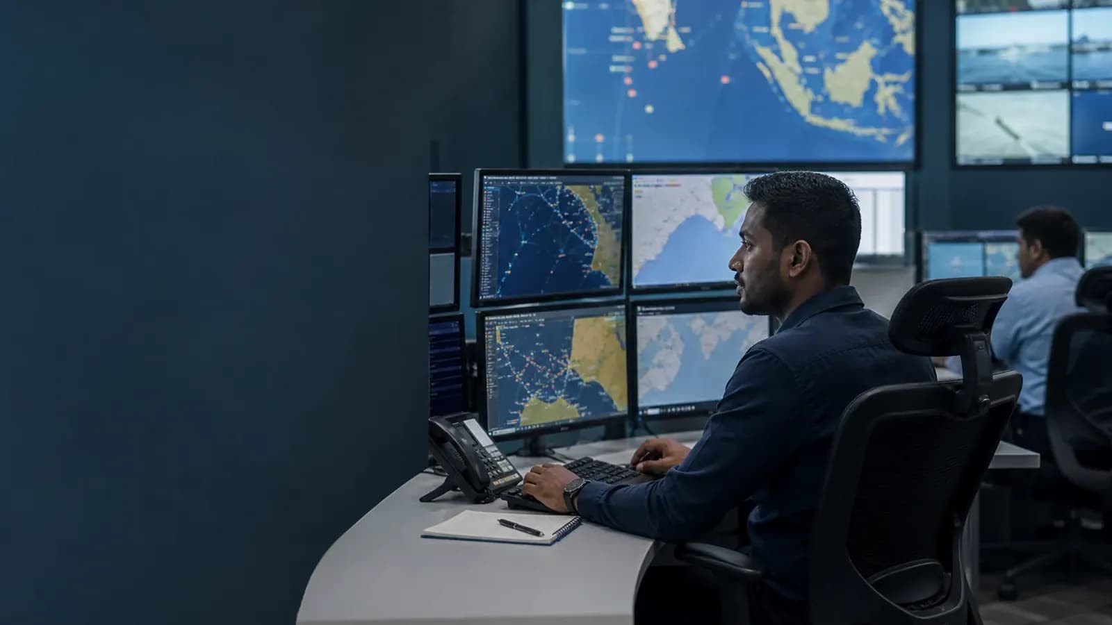 Maritime analyst reviewing vessel activity in an information fusion centre.